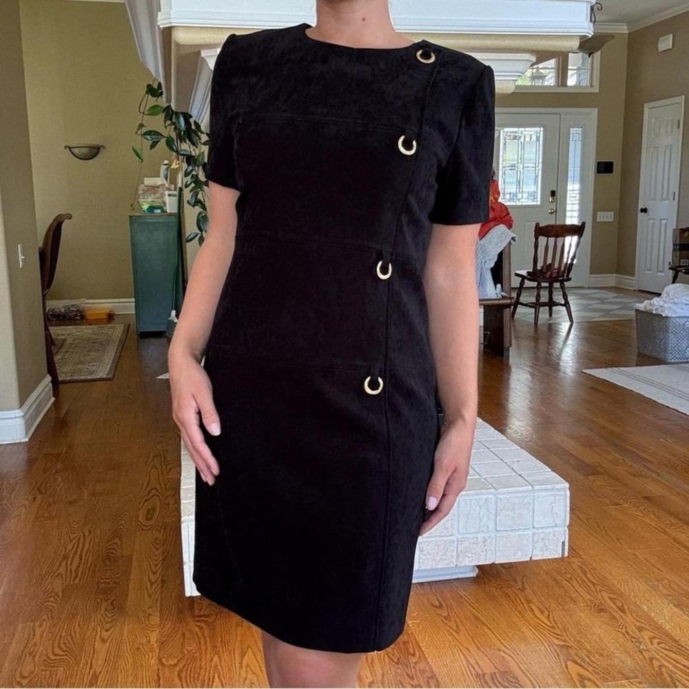 Jessica Howard Vintage Black LBD Gold Ring Hardware 80s Faux Suede Mini Dress 6